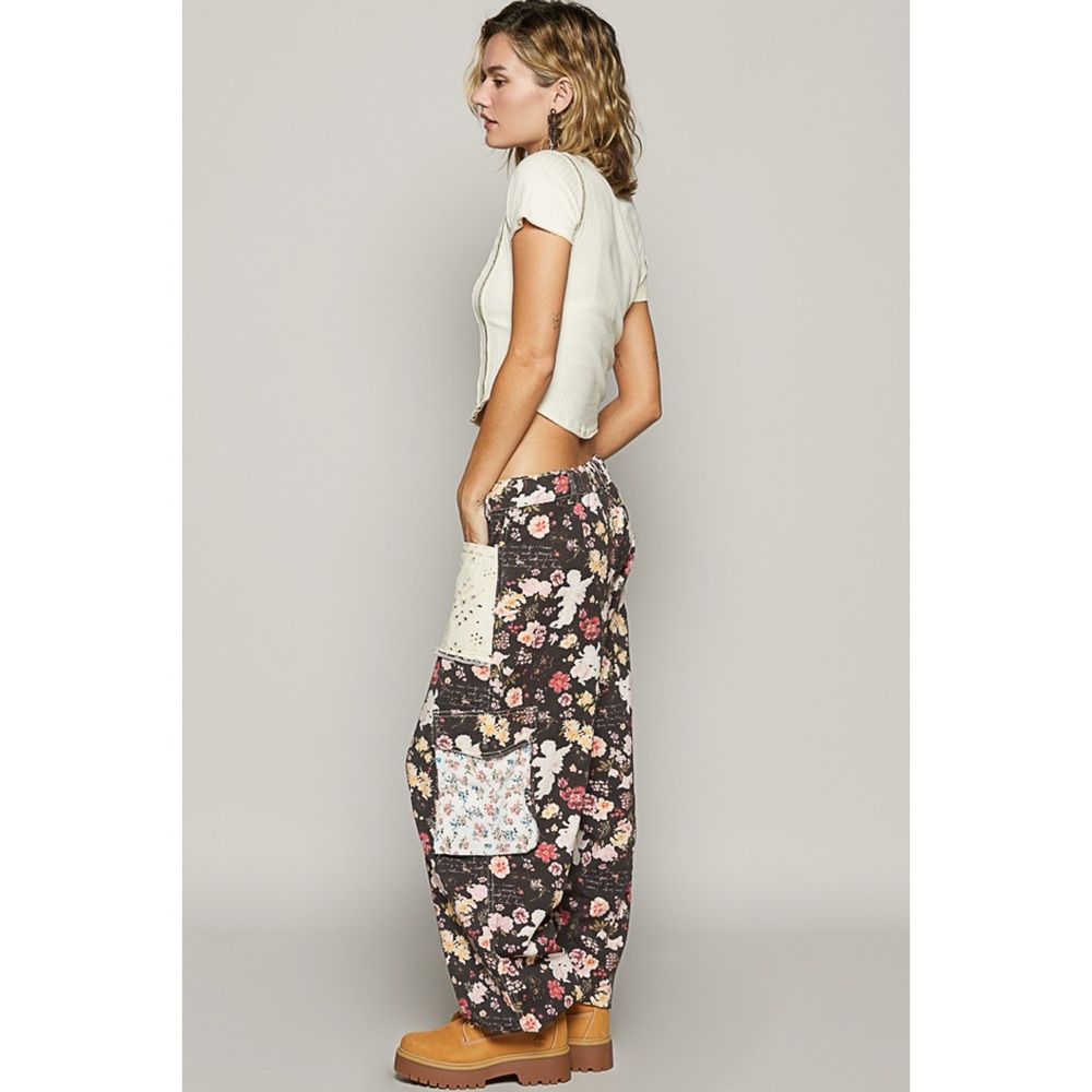POL Black Floral Cotton Twill Jogger Cargo Pants | Patchwork Pockets - Picture 3 of 8